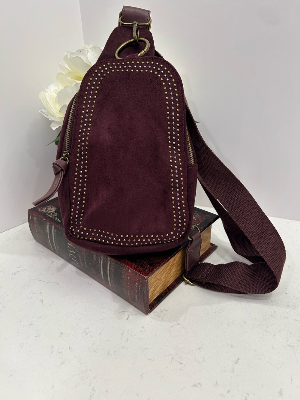 Women’s Studded Suede Like Sling Bag - Burgundy